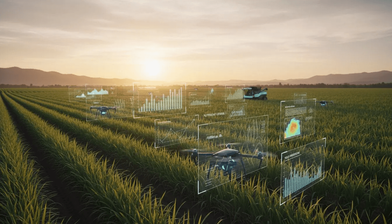 Agricultural drones and AI analytics monitoring sugar cane fields at sunset
