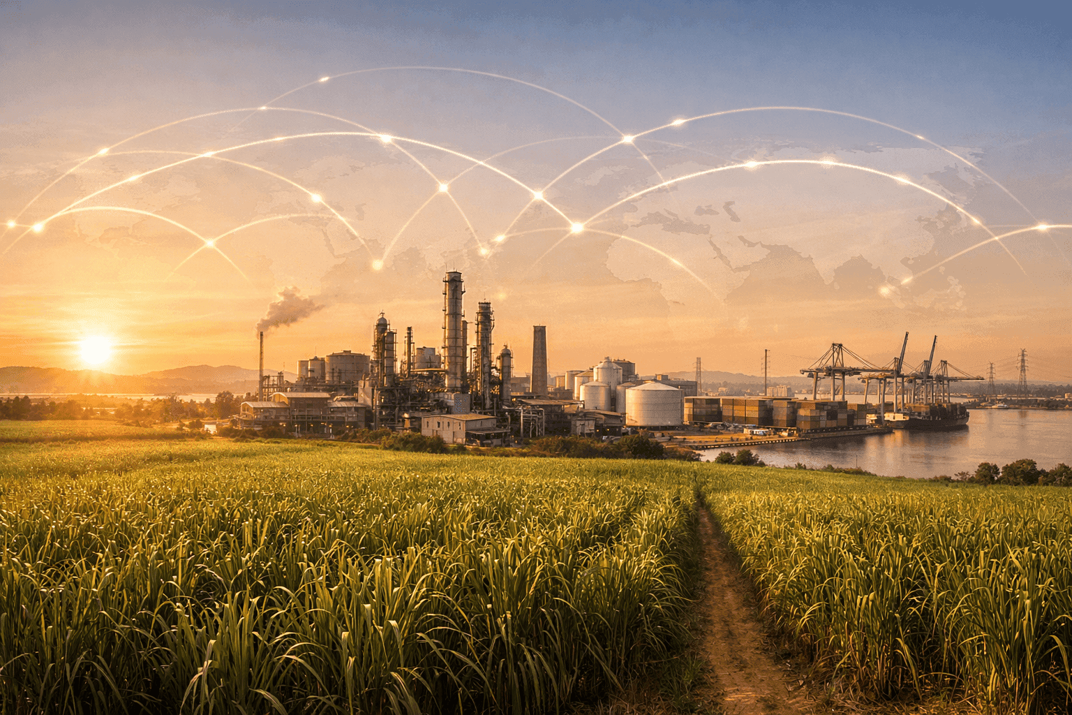 Sugar cane fields leading to a modern industrial facility with global trade network connections at sunset